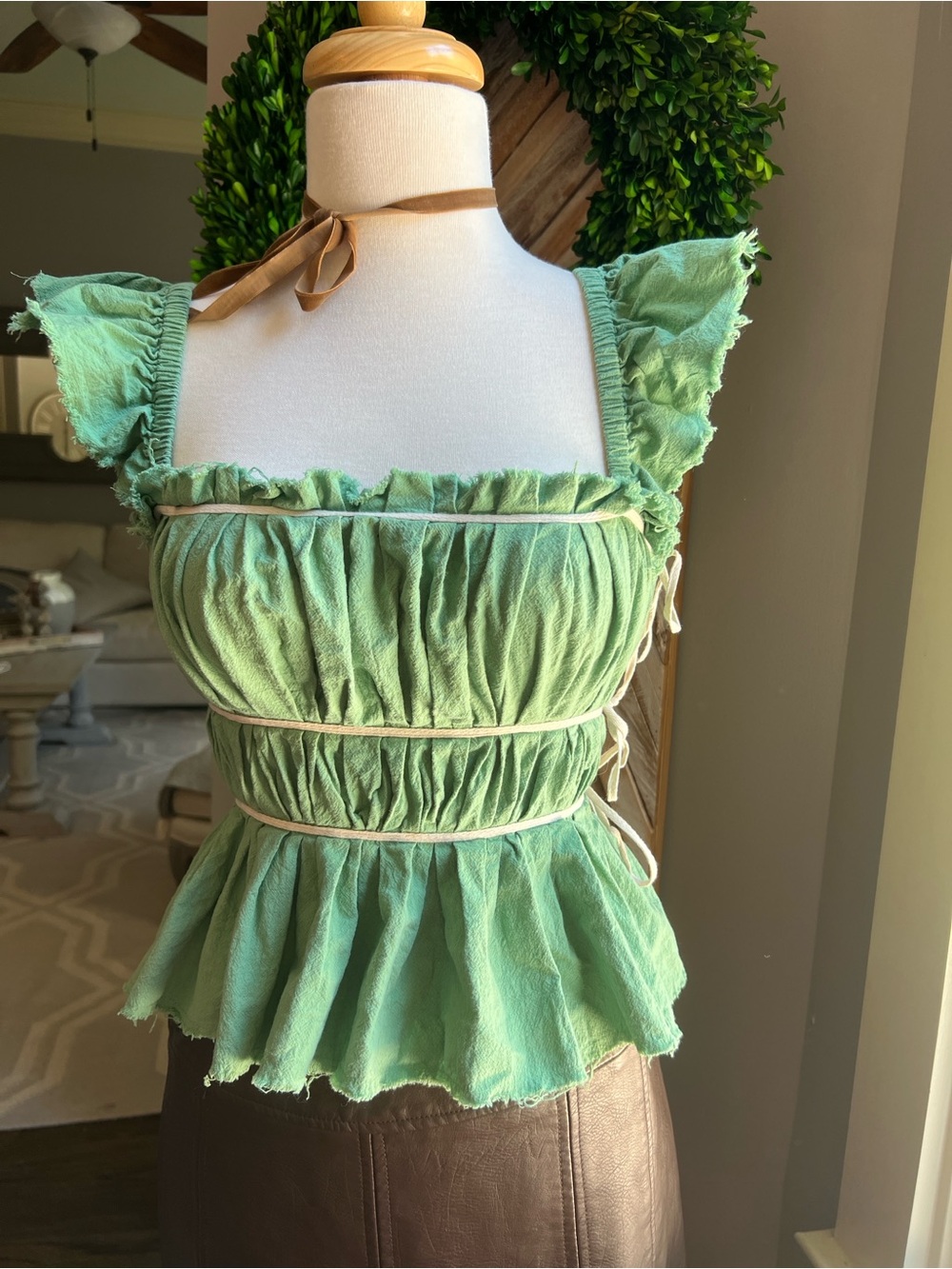 Free People Green Ruffled Smocked Peplum Cami